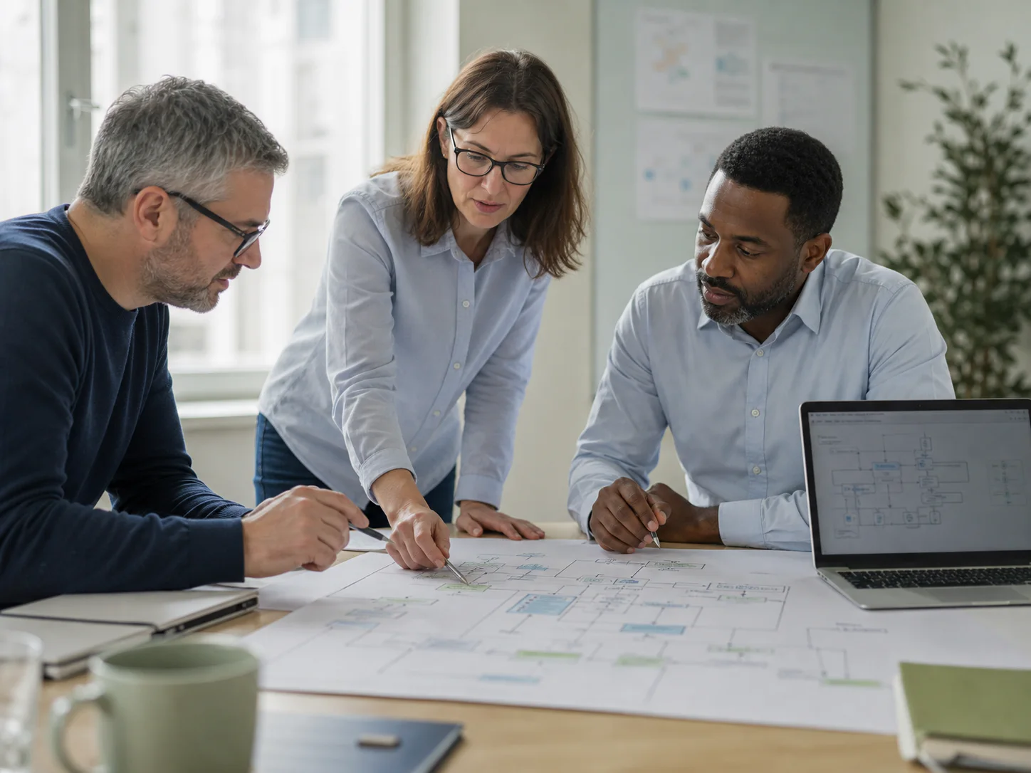 Trois professionnels travaillent sur l’architecture d’une application et ses flux de données