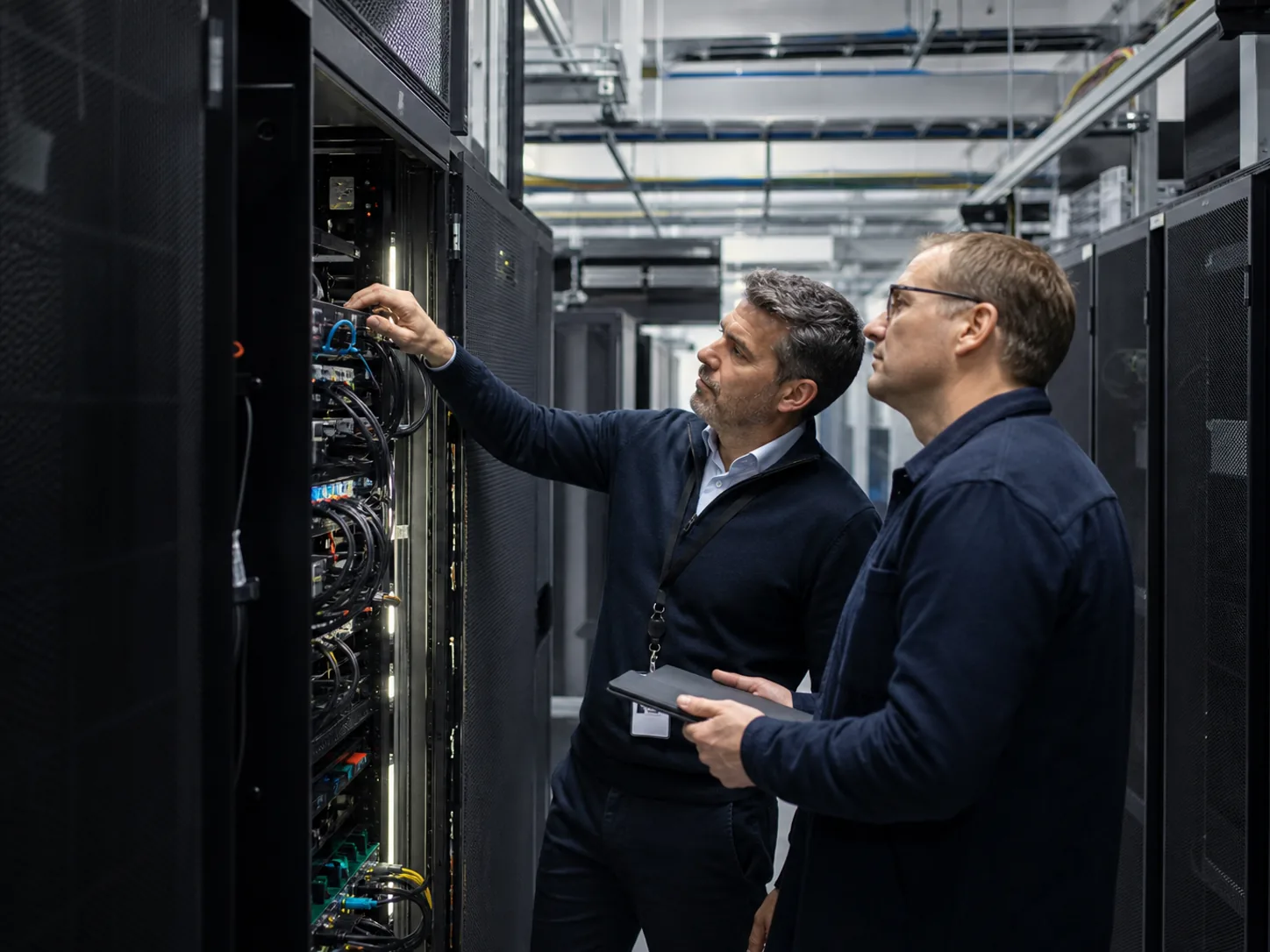 Deux ingénieurs inspectent ensemble une infrastructure en datacenter