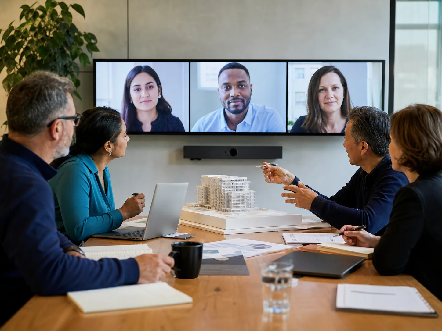Équipe projet collaborant avec des spécialistes à distance
