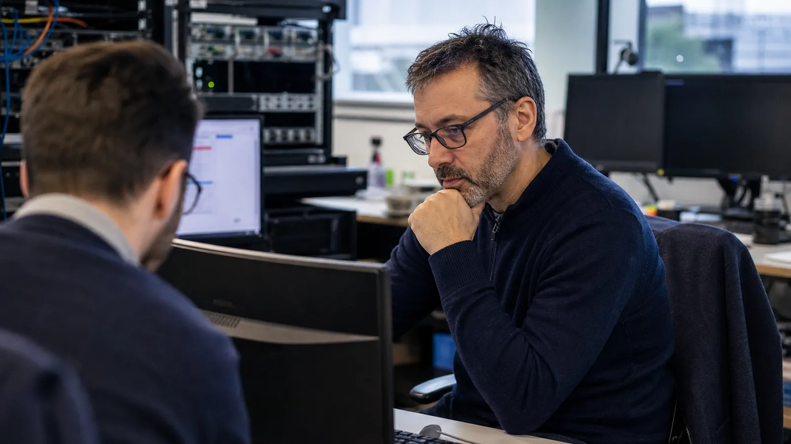 Deux professionnels analysent ensemble le fonctionnement d’un système informatique